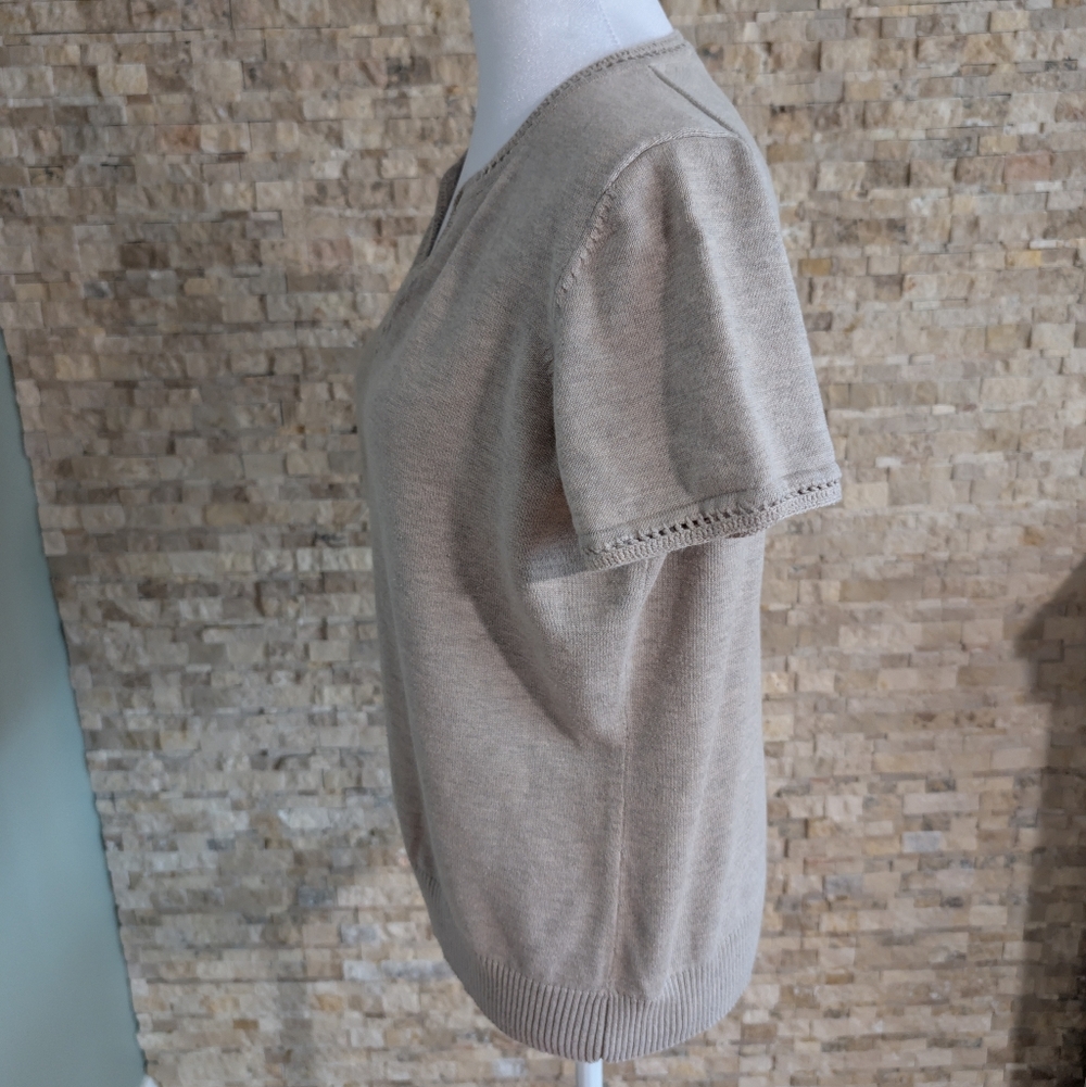 V Neck Short Sleeve Crochet Trim Notch Neck Sweater Top Beige Cream Neutral L - Picture 2 of 6